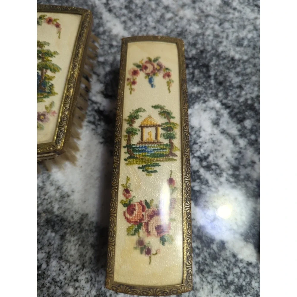 Vintage Floral Tapestry Back Gold Filigree Mirror & 2 Brush Vanity Set